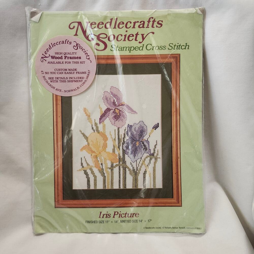 Iris Pucture Stamped Cross Stitch Needlecraft Society 11x14 Opened Complete LB